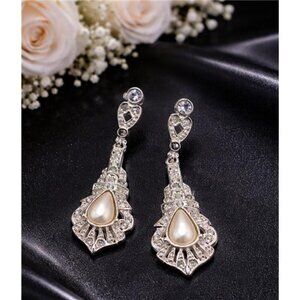 Roman Faux Pearl Rhinestone Drop Earrings, Vintage Silver Tone Teardrop 1.5 in
